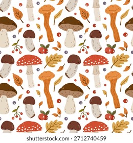 Nettes, nahtloses Herbstmuster mit Pilzen, Blättern und Beeren auf weißem Hintergrund. Handgezeichnete, flache Vektorgrafik. Perfekt für Tapeten, Papier, Textilien. Botanischer Druck.