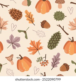 Lindo patrón de otoño sin fisuras. Elementos naturales, bellotas, castañas, conos, setas y hojas. Textura de Vector para tela, textil, Fondo de pantalla, ropa, envoltura.