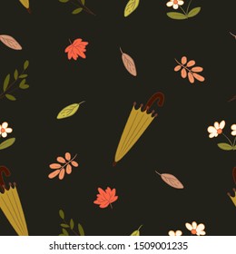 Cute Autumn Seamless Pattern with organic, botanic decoration. Vector isolated graphic design elements and illustration. Natural, forest, outdoors, background, texture, wallpaper, print,ornate.