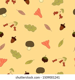 Cute Autumn Seamless Pattern with organic, botanic decoration. Vector isolated graphic design elements and illustration. Natural, forest, outdoors, background, texture, wallpaper, print,ornate.