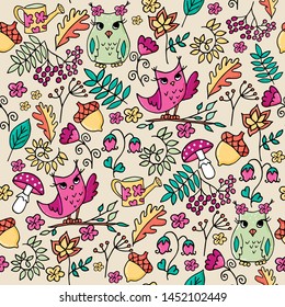 Cute autumn seamless pattern with owls. Forest pattern with rowan and flowers on beige background.