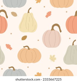 Cute autumn seamless pattern in pastel colors. A variety of pumpkins and leaves. Seasonal harvesting. Autumn holiday. Fall print.