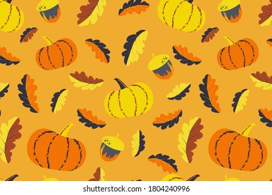 Cute autumn seamless pattern. Pumpkin and acorn elements illustration. Hand drawn vector print design for fabric, wrapping paper or wallpaper. Vegetable background in autumn mood. EPS 10