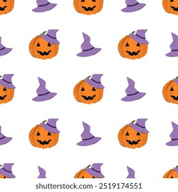 Bonito padrão de outono sem costura com abóbora e chapéu de bruxa. Fundo de vetor para design têxtil ou fundo. Conceito de Halloween