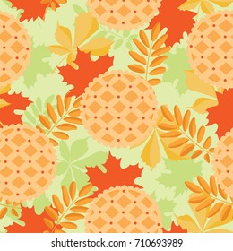 Cute autumn seamless pattern. Pumpkin pie and leaves in flat style. Top view, colorful background for wrapping paper and textile.