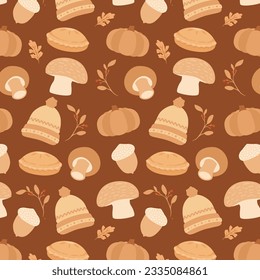Cute Autumn seamless pattern with pumpkin,leaves and mushroom
