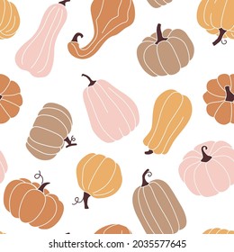 Cute autumn seamless pattern with pumpkins in pastel colors. Fall repetitive background. Vector print.