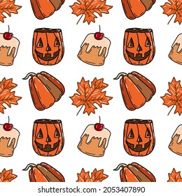 Cute Autumn Seamless Pattern With Pumpkins, Fall Leaves, Coffee, Croissant, Cakes.