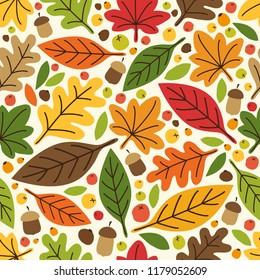 Cute autumn seamless pattern with rustic hand drawn nature elements as leaves for your decoration