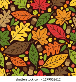 Cute autumn seamless pattern with rustic hand drawn nature elements as leaves for your decoration