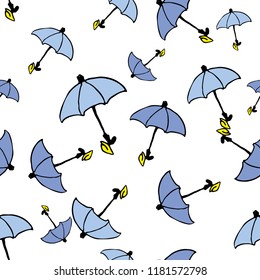 Cute autumn seamless pattern with a set of blue flat umbrellas
