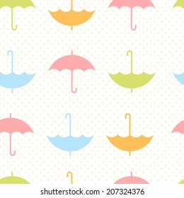 Cute autumn seamless pattern with a set of colorful flat umbrellas