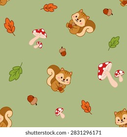 Cute Autumn Seamless Pattern with Squirrels, Acorns, Mushrooms and Fall Leaves