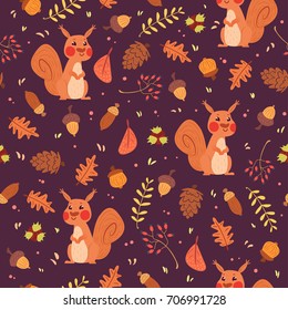 Cute autumn seamless pattern with squirrels, cones, leaves and forest herbs on dark purple background. 
