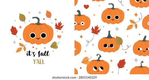 Cute autumn seamless pattern and surface design. Smiling pumpkins, falling leaves and playful seasonal details. Cozy fall design for kids textiles, nursery decor, wrapping paper and festive autumn prints.