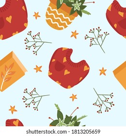 Cute autumn seamless pattern. Sweater, book, houseplant. Vector illustration.