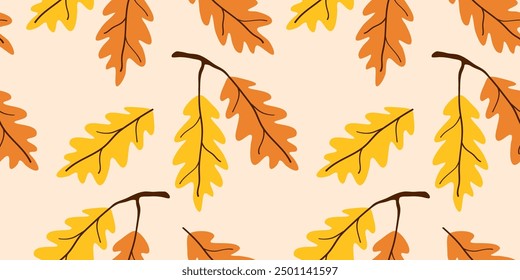 Cute autumn seamless pattern with twigs and yellow and orange oak leaves. Botanical children's ornament