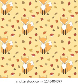 cute autumn seamless vector pattern background illustration with leaves, foxes, mushrooms, acorns and chestnuts