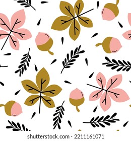 cute autumn seamless vector pattern background illustration with acorn and fall leaves