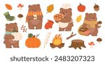 Cute Autumn Season animal set vector. Collection of grizzly bear, scarf, pie, apple, mushroom, fire camp, leaf, pumpkin, fall season element. Adorable bear characters illustration for decoration.