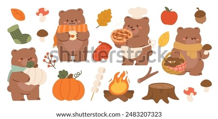 Cute Autumn Season animal set vector. Collection of grizzly bear, scarf, pie, apple, mushroom, fire camp, leaf, pumpkin, fall season element. Adorable bear characters illustration for decoration.