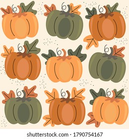 Cute autumn seasonal seamless vector pattern background illustration with pumpkin and leaves
