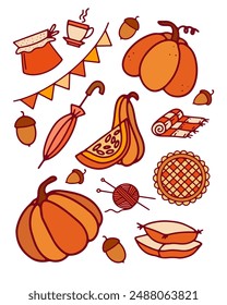 Cute autumn set in brown tones.Vector illustration on a white background. Doodle style