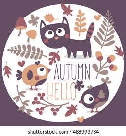 Cute autumn set with cat, bird, flower, plant, leaf, berry, heart, friend, floral, nature, acorn,  mushroom, hello