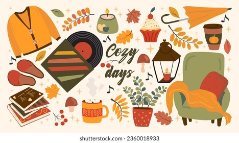 Cute autumn set with cozy home elements