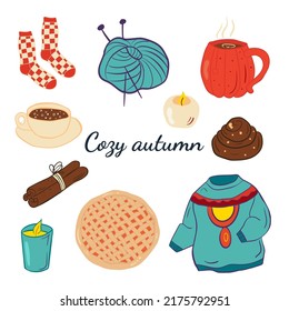 Cute autumn set of doodles cozy autumn with  candles, pie, sinabon,  cinnamon, sweater, socks. 