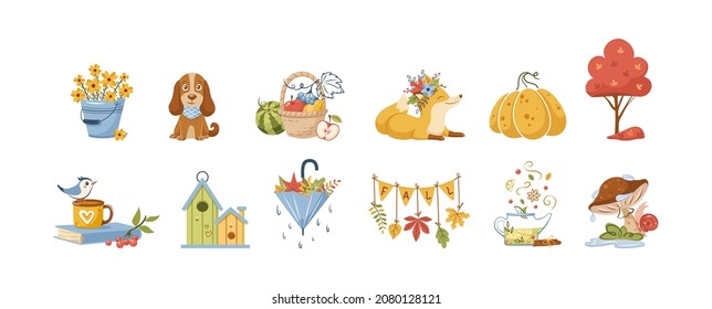 Cute autumn set. Funny animals, plants, seasonal vegetables, hot beverages, mushrooms, pumpkin, trees, decorative design elements. Cozy fall botanical natural farming agriculture decor flat vector