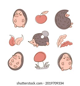 Cute autumn set with hedgehogs, leaves, apple and mushrooms on white background. In trendy earthy shades. For stickers, posters, postcards, design elements