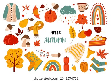 Cute autumn set with leaves, acorns, sweater, scarf, pumpkins, boots, mushrooms, pie, rainbow and text "Hello Autumn" . Suitable for children's projects, scrapbooking, etc. Vector illustration.