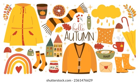 Cute autumn set with sweater, scarf, umbrella, raincoat, rubber boots, socks, hot drinks, jam, candles, pillow, food
