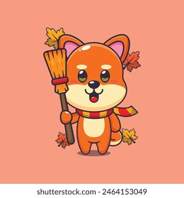 Lindo otoño shiba inu sosteniendo la escoba. Ilustración vectorial de dibujos animados de la mascota conveniente para el póster, folleto, Web, mascota, etiqueta engomada, logotipo e icono.