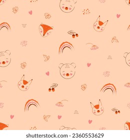 Cute autumn square seamless pattern with fox, bear and squirrel faces in orange and pink colors.