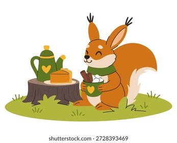 Um esquilo bonito de outono está bebendo chá com torta de abóbora enquanto está sentado em um gramado perto de um toco de árvore. Caráter de floresta para crianças. Ilustração vetorial em um fundo branco.