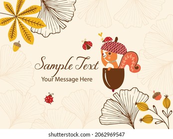 Cute Autumn Squirrel Inside Acorn Vector Card Background