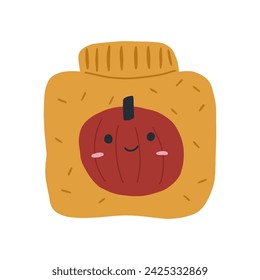 Cute autumn sweater with cheerful pumpkin, cartoon flat vector illustration isolated on white background. Hand drawn folded warm sweater.