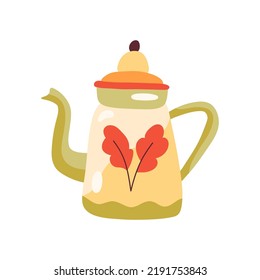 Cute Autumn Teapot Decorated With Leaves. Cozy Hot Drink, Tea Or Coffee. Fall Decorative Objects. Warm Hygge Aesthetics. Flat Cartoon Hand-drawn Style