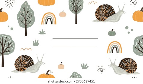 Cute autumn themed frame or note card with cartoon snails pumpkins and boho rainbows with a space for text in the center.