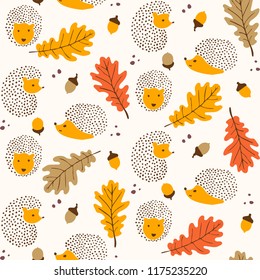 Cute autumn themed pattern - seamless hedgehog and leaves pattern illustration