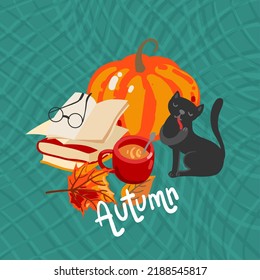 Cosas de otoño: gato, calabaza, té, cacao. Humor otoñal. Ilustración vectorial.