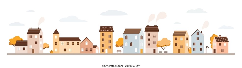 Cute autumn town. House with chimney and smoke. Architecture of city street. Exterior facade of residential building. Cozy urban landscape. Flat vector illustration isolated on white background.