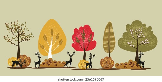 cute autumn trees, vector isolated illustration of trees, leaves, fir trees, snow and deer silhouett New Year and Christmas objects and elements of nature to create a landscape