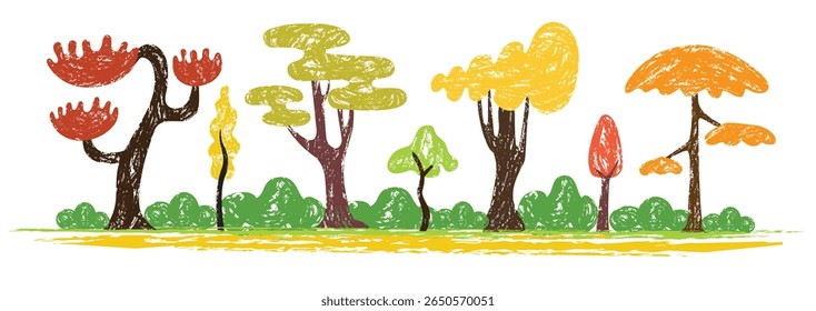 cute autumn trees, vector isolated illustration of trees, leaves, fir trees, shrubs, sun, elements of nature to create a landscape