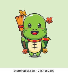 Cute autumn turtle holding broom. Mascot cartoon vector illustration suitable for poster, brochure, web, mascot, sticker, logo and icon.