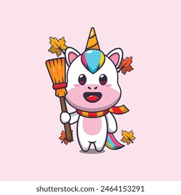 Cute autumn unicorn holding broom. Mascot cartoon vector illustration suitable for poster, brochure, web, mascot, sticker, logo and icon.