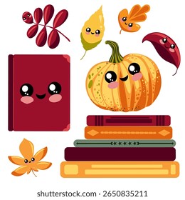 Cute autumn vector clipart with books, colorful leaves, and smiling pumpkin. Cozy seasonal set perfect for classroom decor, children's projects, fall crafts, and nature-inspired designs