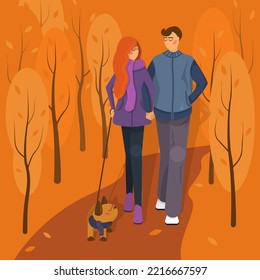 Cute autumn vector illustration of couple in love walking in the park